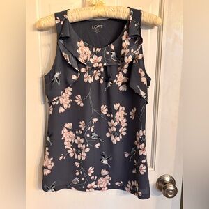 LOFT Navy Blue Floral Bird Print Ruffle Sleeveless Blouse Top Size SP
